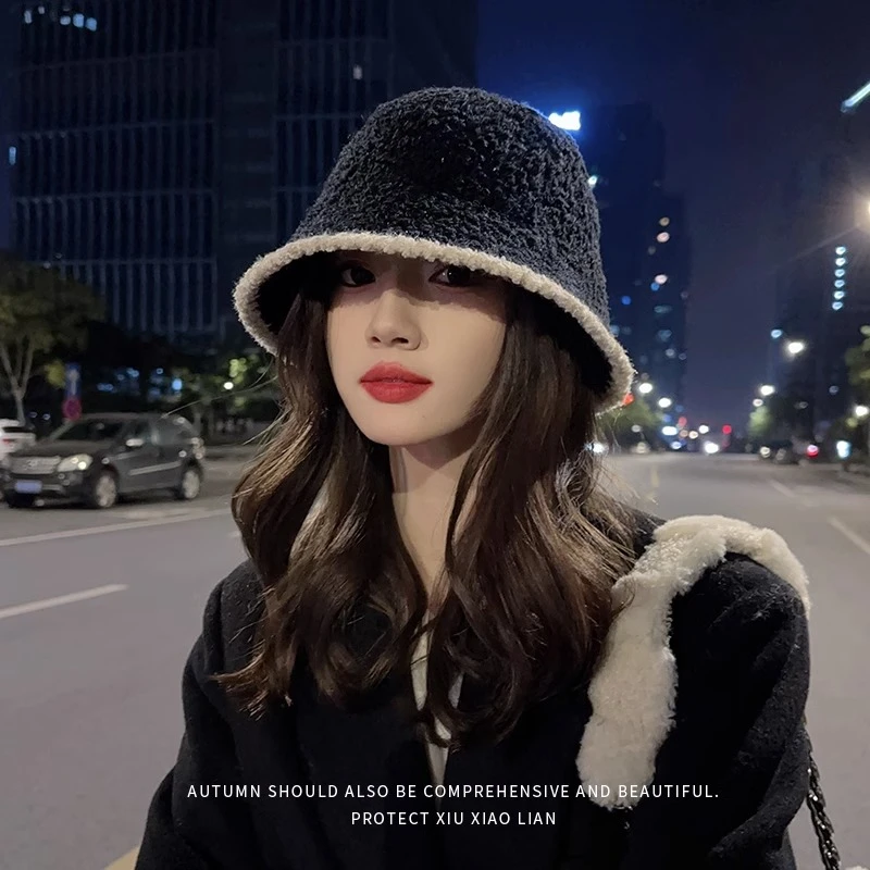 帽子女毛绒渔夫帽2025新款秋冬百搭显脸小盆帽冬季素颜针织水桶帽