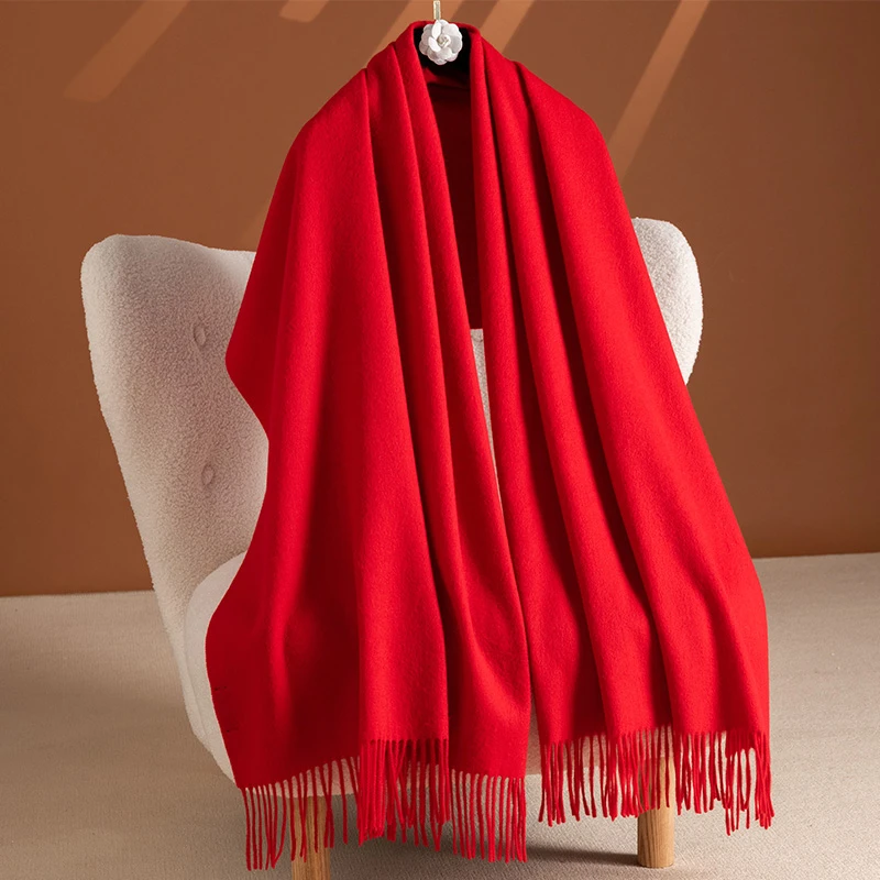 秋冬长款 本命年大红色羊绒加厚保暖男女中国红高档围巾年会