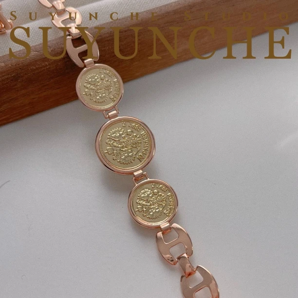 铜合金手链 Suyunche2122大气气质tilla三连币玫瑰金色手链