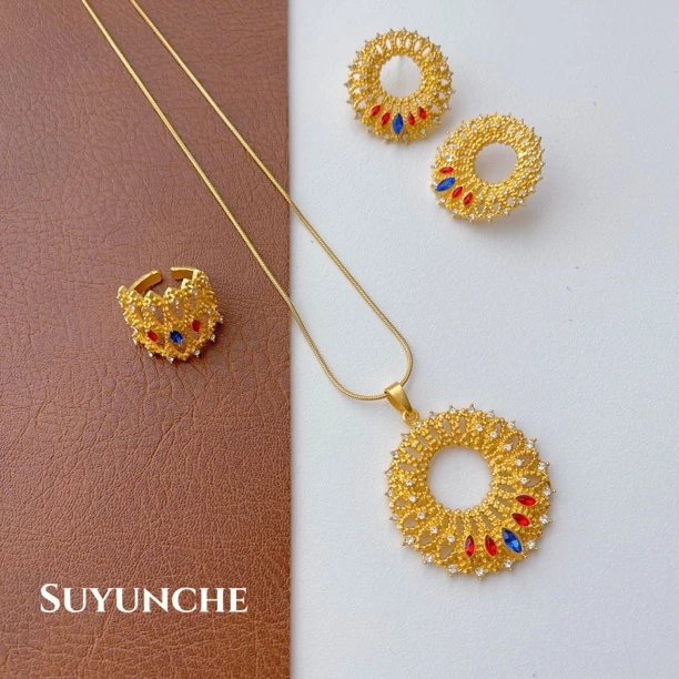 铜合金项链 Suyunche449宫廷风时尚彩锆三件套