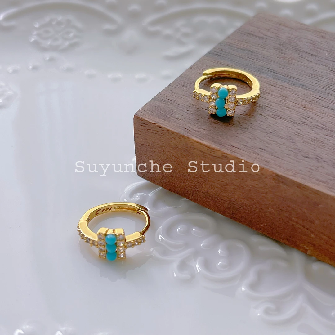 铜合金合成锆石耳饰 Suyunche Z77新款蓝绿色轻奢法式两款可选