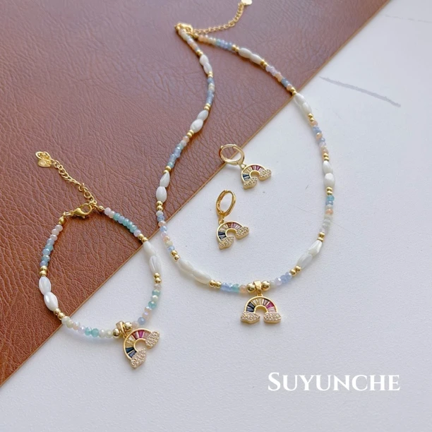 非金属仿水晶项链 Suyunche手作223夏季小彩虹三件套时尚度假风