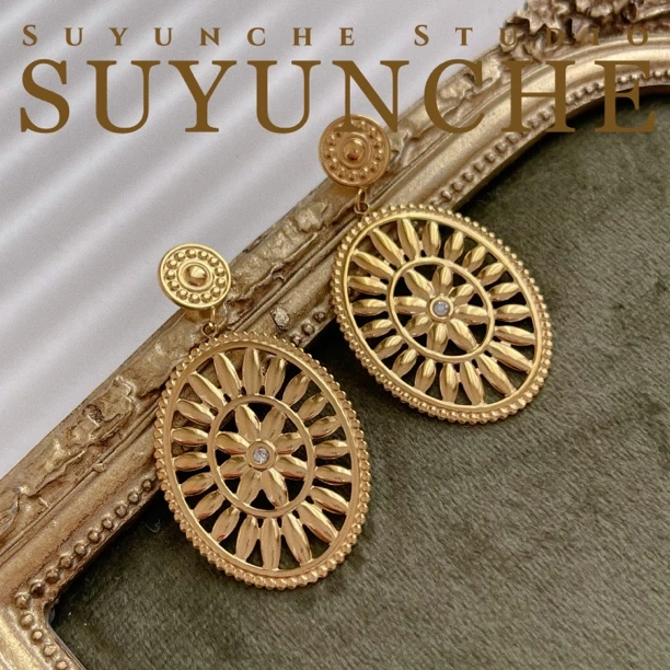 钛钢合成锆石耳饰 Suyunche2213椭圆时尚棕色欧美复古宫廷风耳环
