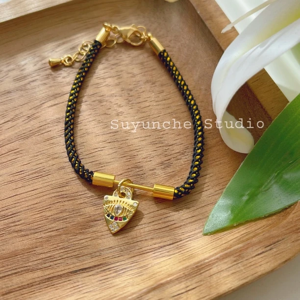 铜合金锦纶手链 SuyuncheZ101气质手工编织黑色别致彩锆吊坠手链