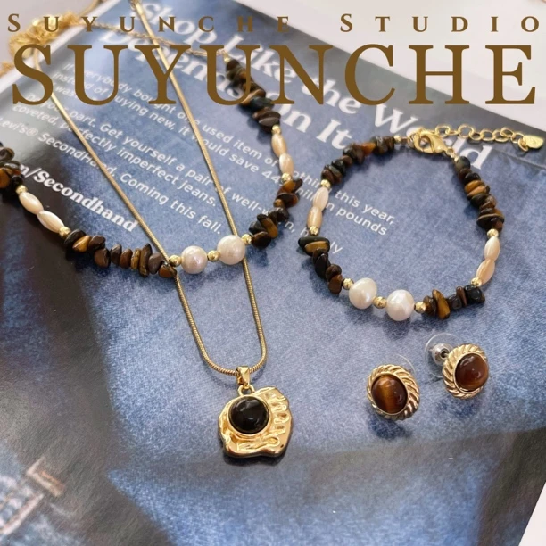 铜合金仿珍珠项链 Suyunche2243棕色调手工双层项链可拆三件套