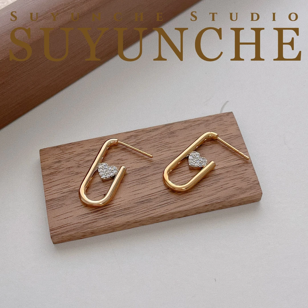 铜合金合成锆石耳饰 Suyunche2246别致爱心玫瑰金色简约时尚耳环