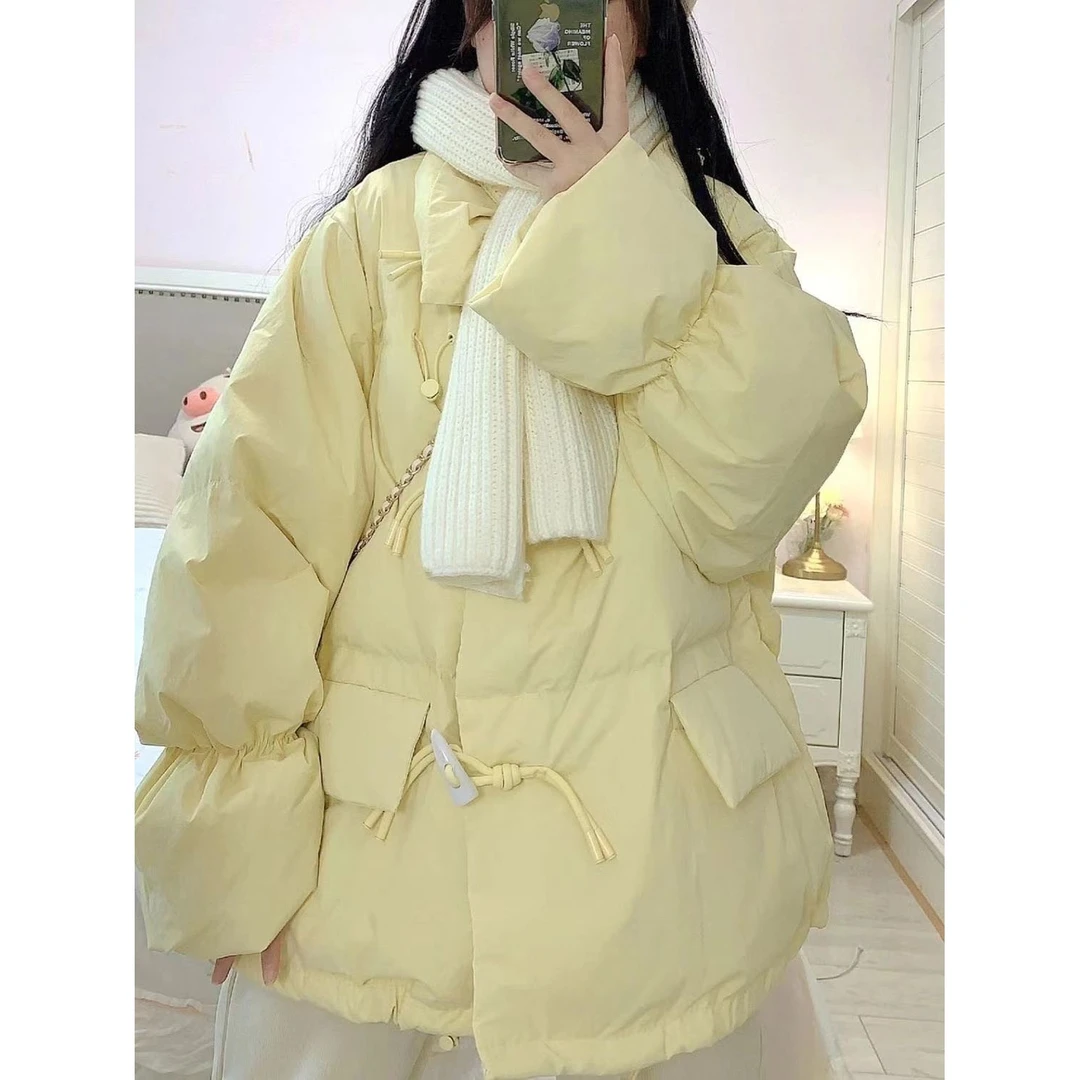 设计感新款羽绒服暖黄色牛角扣面包服外套女冬季ins韩版