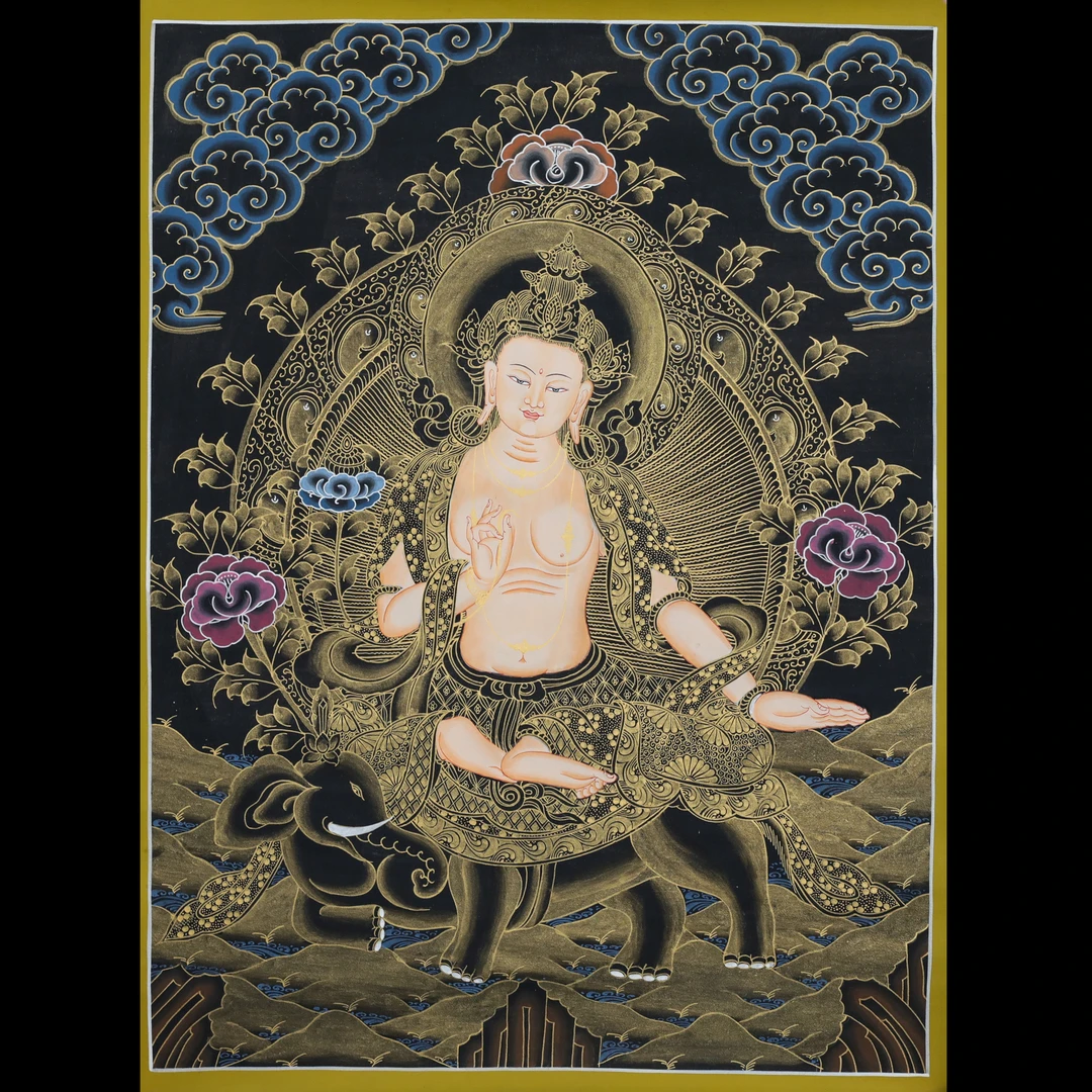 尼泊尔天然矿物质手绘蓝金--普贤唐卡约46*60cm左右12240117-336