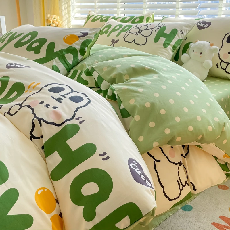 小清新纯棉四件套100%全棉印花斜纹被套学生宿舍单双人床单四季款