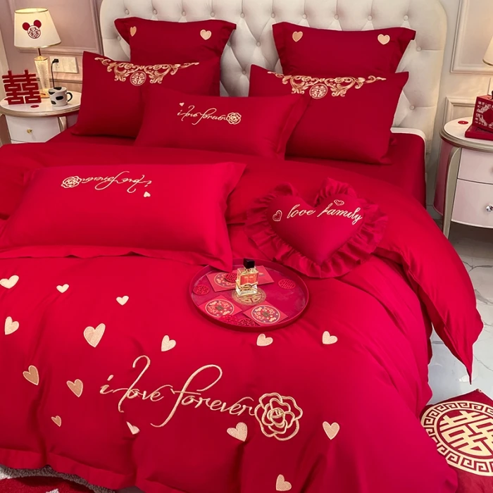 结婚床上用品四件套简约床品大红色被套婚嫁喜庆磨毛床单被罩婚房