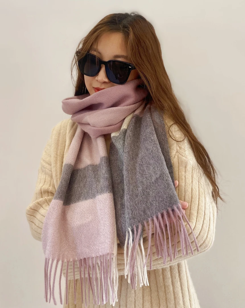 鲸选100%山羊绒围巾2023新款 百搭 韩版 保暖 时尚格子拼色秋冬季