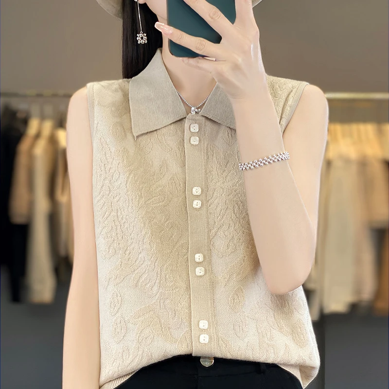 无袖衬衣镂空气质毛衣针织夏季百搭宽松打底设计感时尚西装领开衫