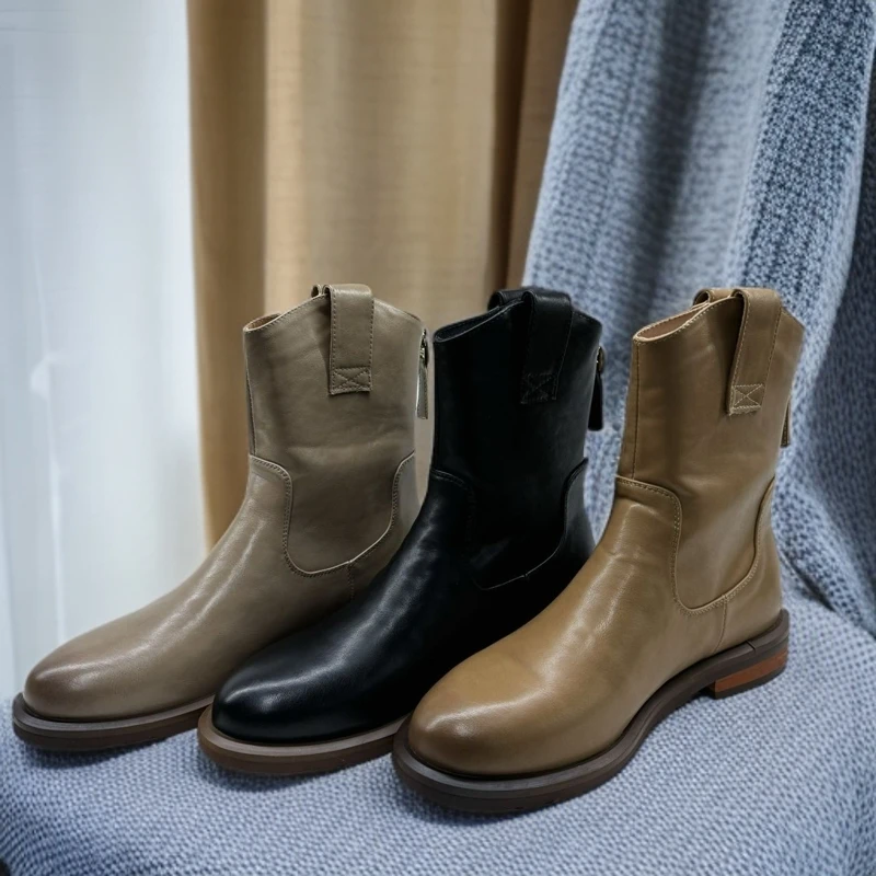 6161-6新款网红版时尚女靴复古粗跟英伦风中筒秋冬圆头