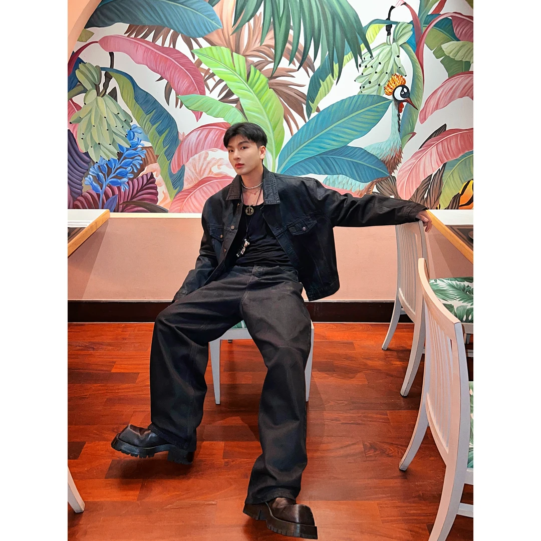 威廉威 男女同款【巴黎黑牛】全高端刷胶工艺挺廓黑牛仔套装Z205-1