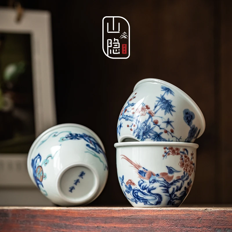 山隐趣事斋复古青花瓷主人杯单杯陶瓷茶具大号品茗杯个人专用缸杯