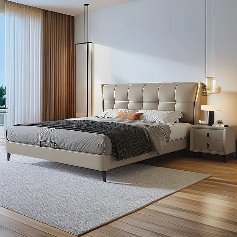 意式轻奢真皮床现代简约大床主卧高端大气极简双人小户型软包婚床