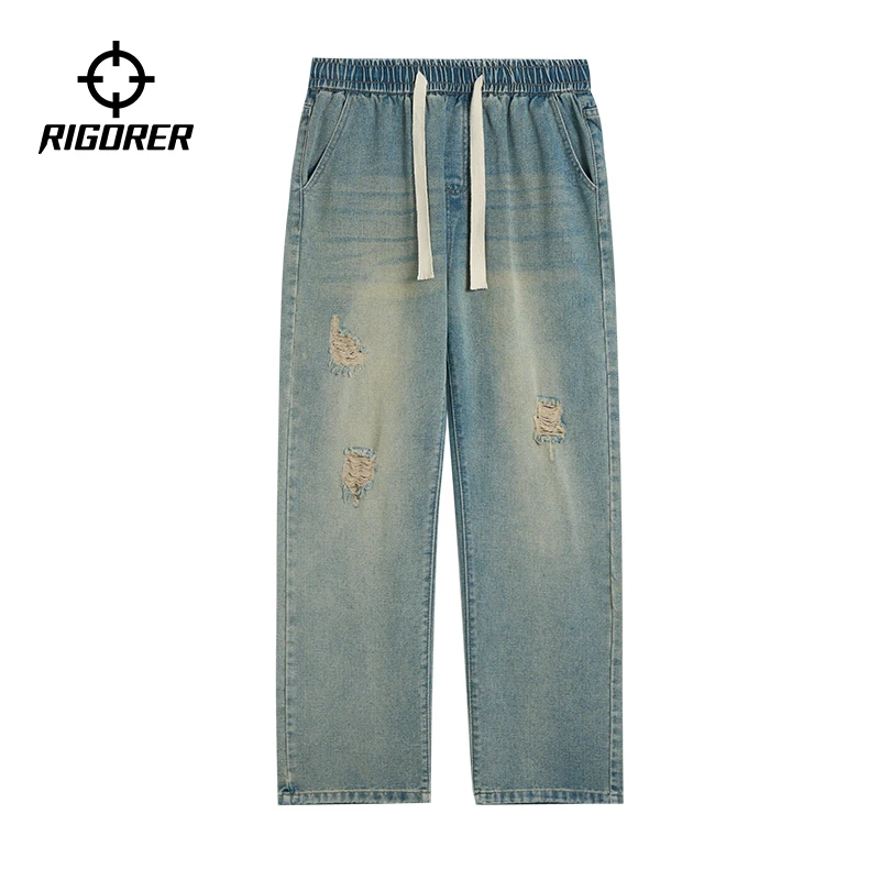 准者直筒破洞牛仔裤男秋冬季新款修身运动长裤宽松潮流复古阔腿裤