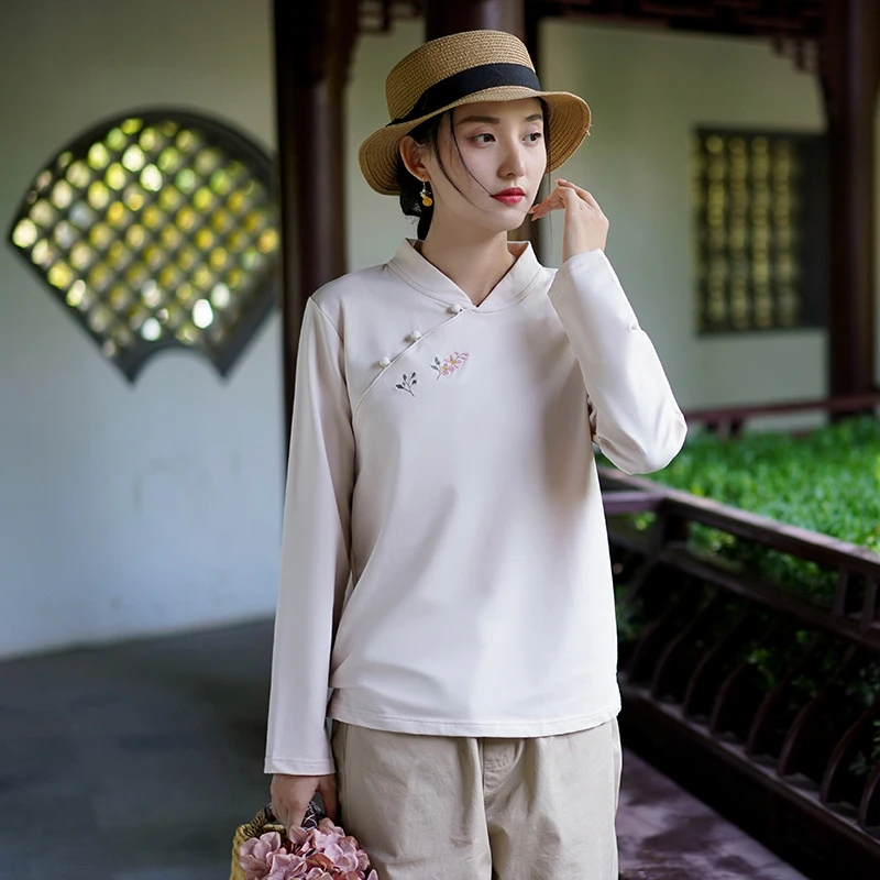 新中式女装秋季新款卫衣女立领刺绣气质国风复古内搭外穿上衣
