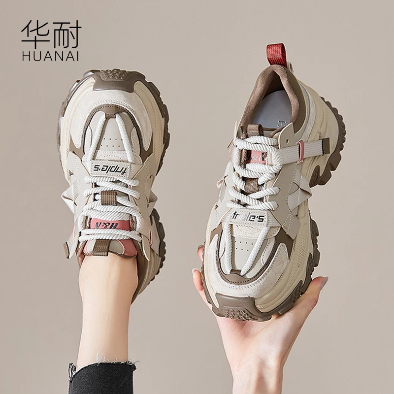 华耐正品老爹鞋女款2025爆款百搭厚底增高休闲薄款透气网面运动鞋