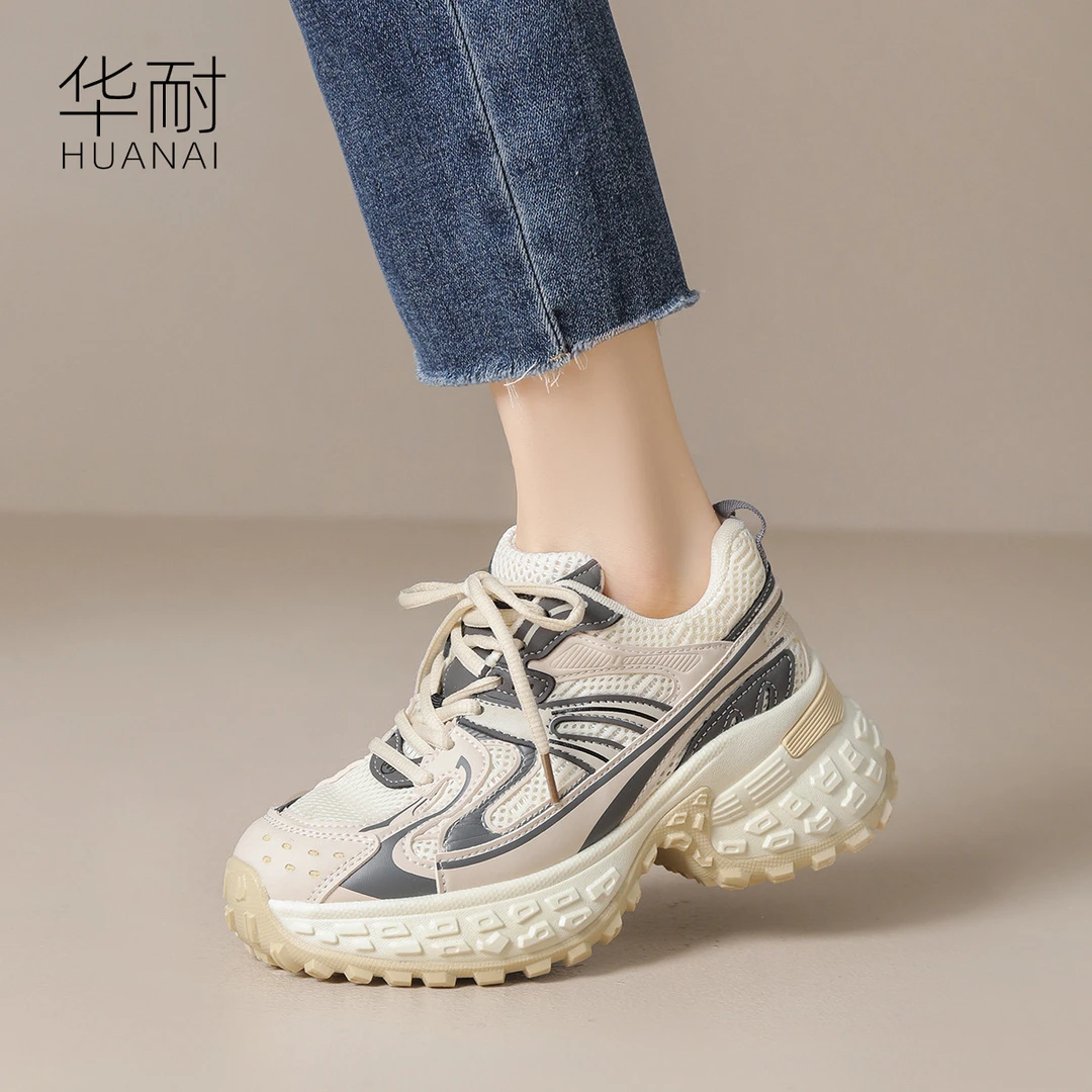 华耐正品老爹鞋女款2025爆款百搭厚底增高休闲薄款透气网面运动鞋