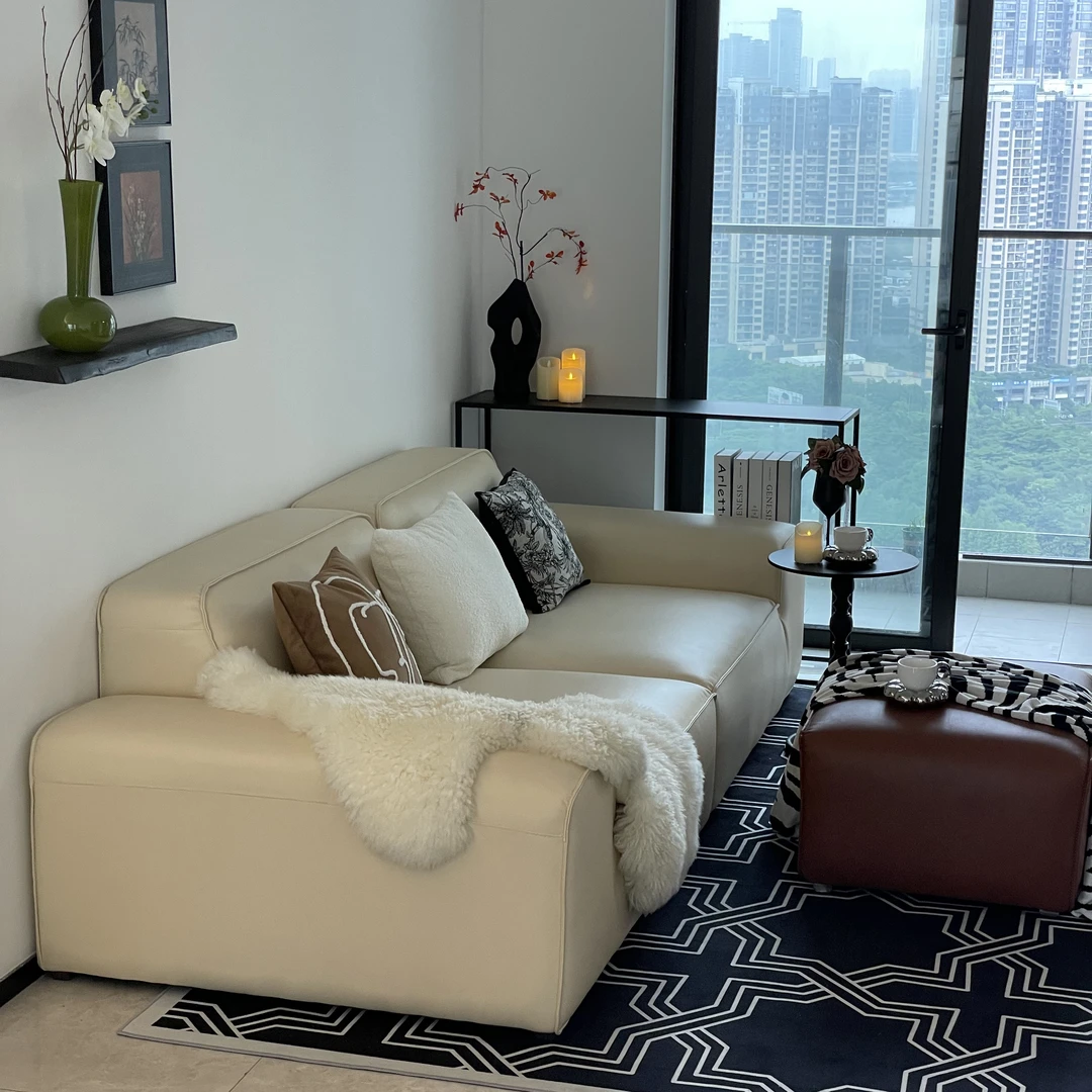 现货速发2.6米大黑牛沙发加脚踏法式奶油风意式极简中古风简约