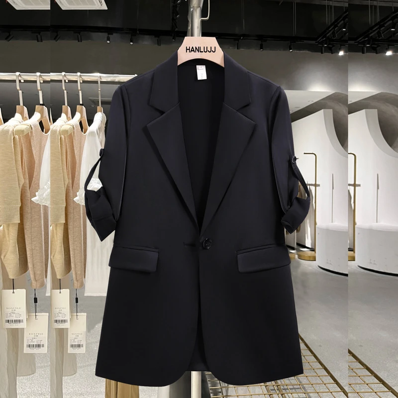 大码胖mm夏季薄款小西装外套女韩版缎面职业通勤宽松显瘦垂感西服