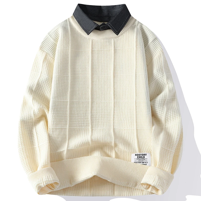 红色毛衣男衬衫领假两件秋冬季翻领针织衫男加厚内搭秋装毛线衣服