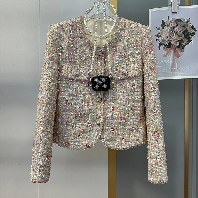 轻奢秋冬百搭粗花呢小香风重工亮片钉珠时尚编织设计保暖舒适外套