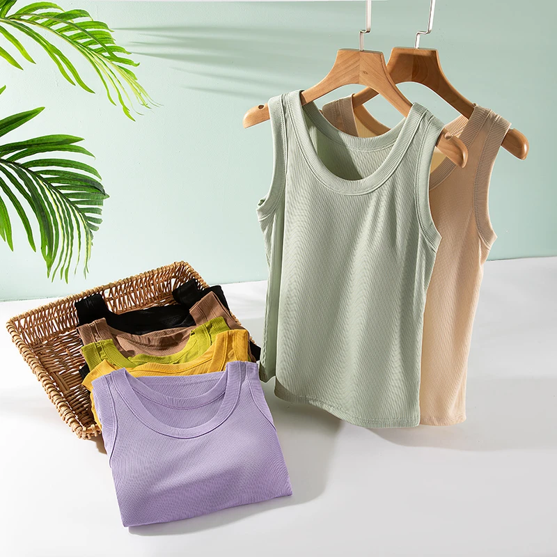 莫代尔免穿文胸带胸垫一体宽肩螺纹吊带背心女夏外穿打底无袖上衣