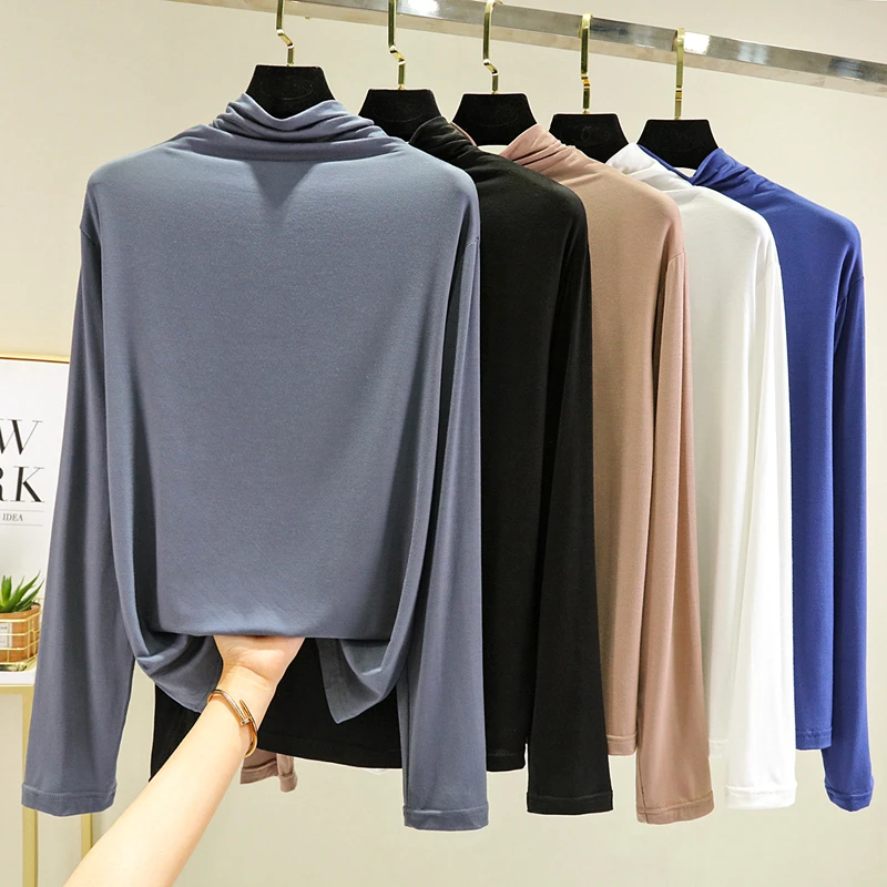 秋季薄款莫代尔长袖T恤女宽松半高领内搭打底衫大码秋衣纯色上衣