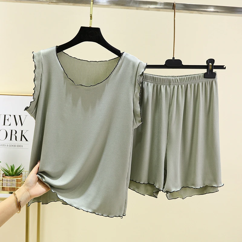 夏季新款莫代尔背心短裤睡衣女士套装木耳边家居服宽松薄款两件套