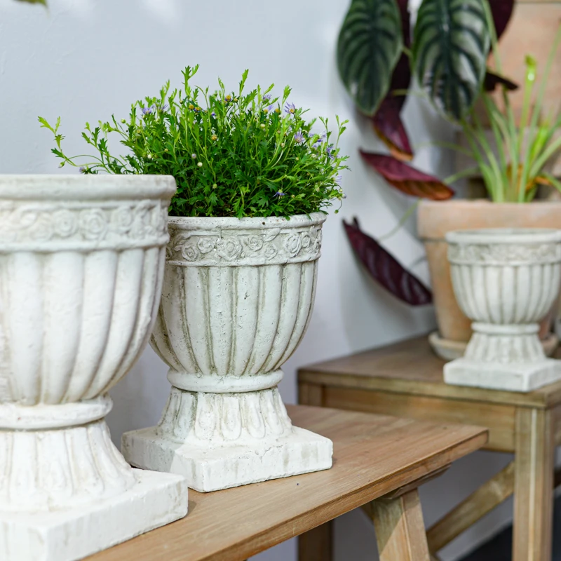 柒物复古白色玫瑰浮雕素烧透气陶盆欧式高档庭院草花落地陶瓷花盆