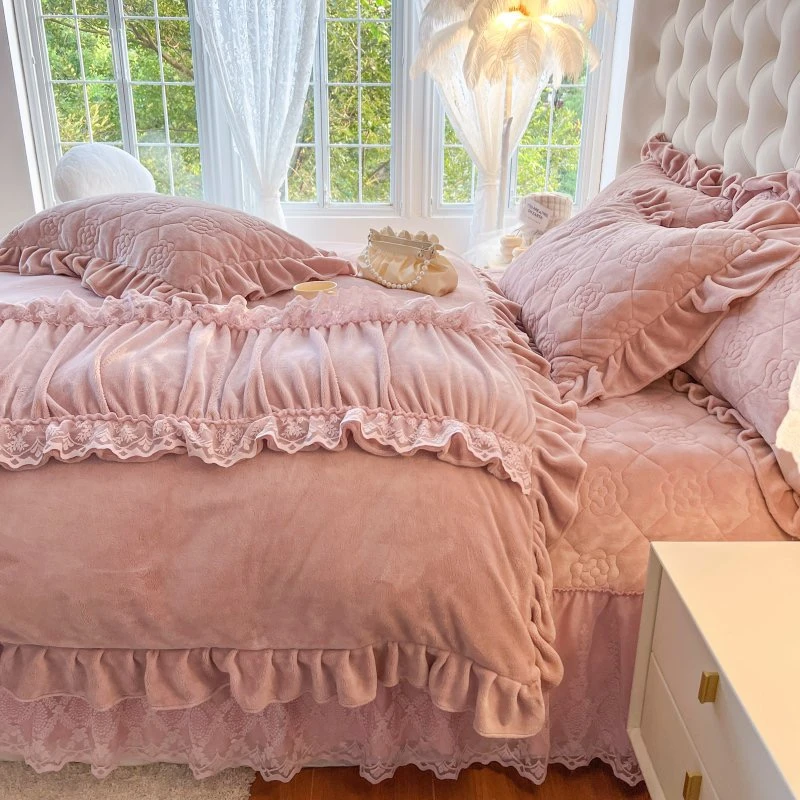 高档加厚夹棉牛奶绒四件套小清新冬天被套珊瑚法莱绒床盖款三件套