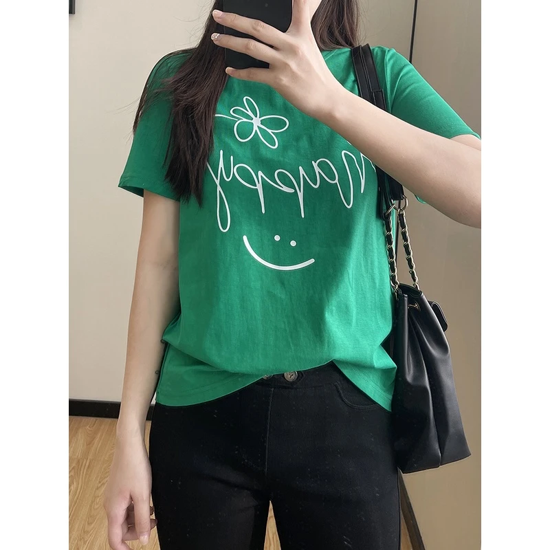 COCO微胖大码2025夏季新款韩版字母圆领百搭胖mm印花短袖T恤上衣