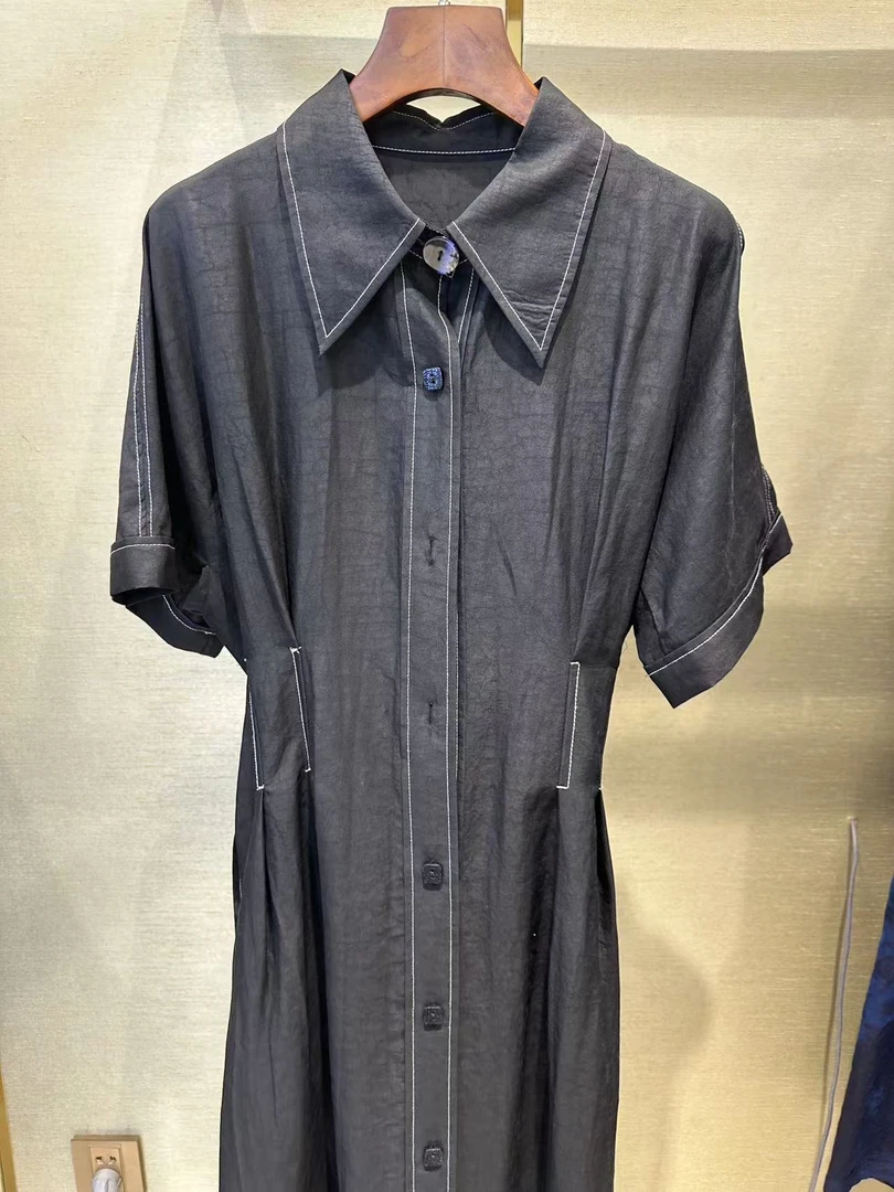 叶辰甄选香云纱 100%桑蚕丝轻奢风设计师款连衣裙(黑色8655)