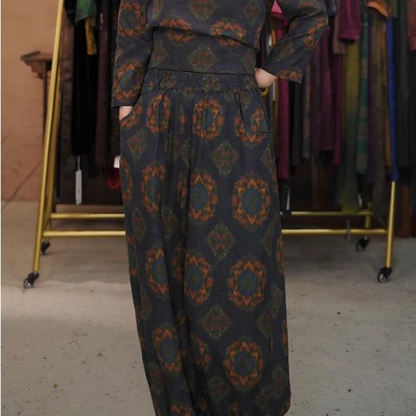 叶辰甄选香云纱  绢纺香云纱灯笼裤（宝相花裤子25003）