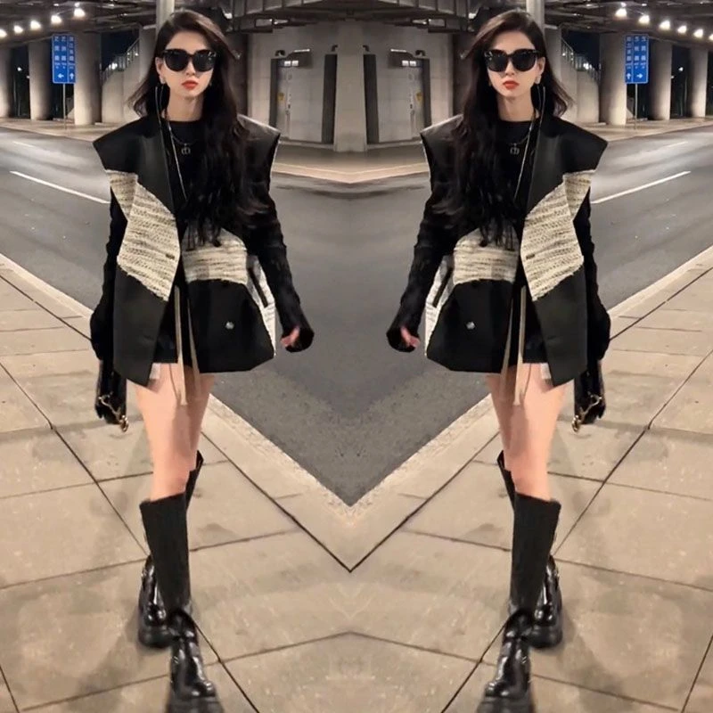 酷飒风帅气套装女2025春季新款长袖打底衫+宽松马甲+短裤三件套