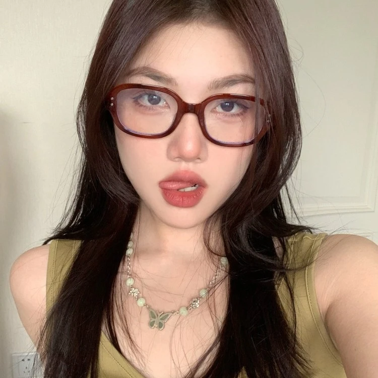 复古气质酒红欧美小框椭圆素颜平光眼镜防蓝光配近视高度数女圆脸