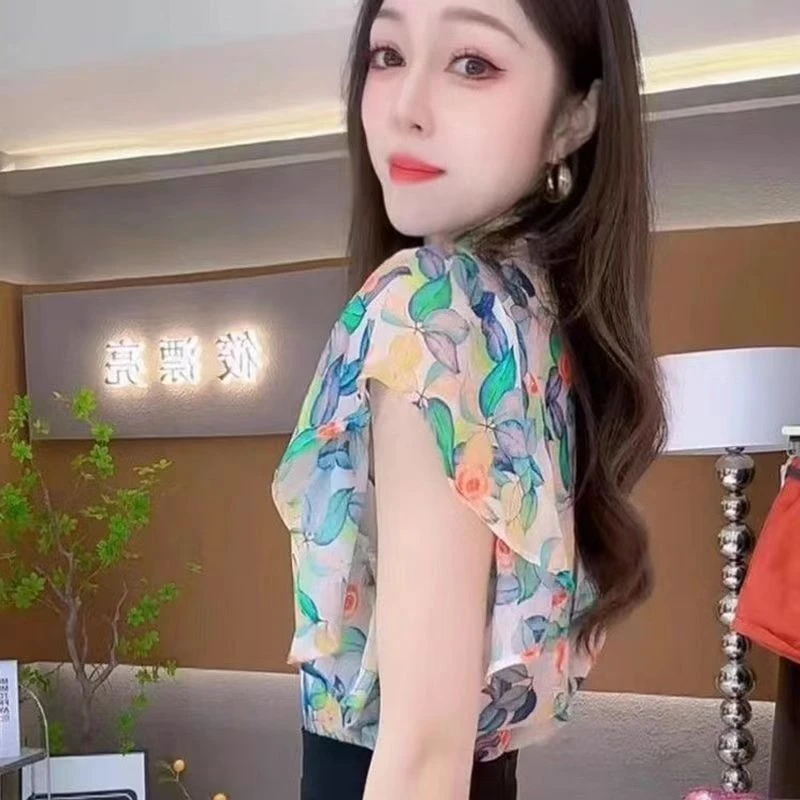 雪纺印花短袖衬衫女2024新款爆款夏季时尚洋气超仙碎花气质上衣女