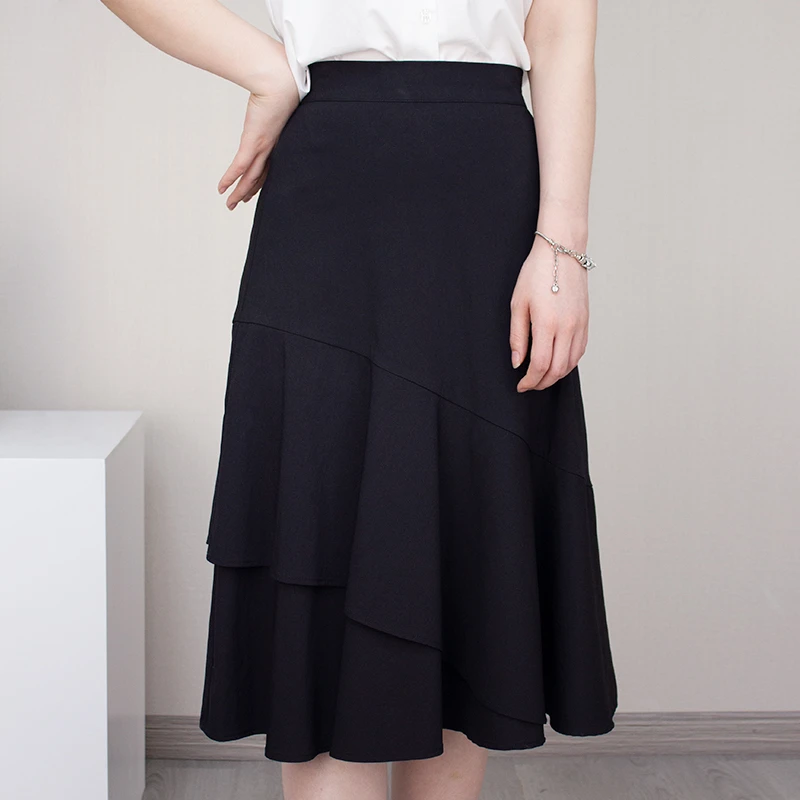 夏季鱼尾裙高腰雪纺黑色半身裙女中长荷叶边设计师款011气质复古