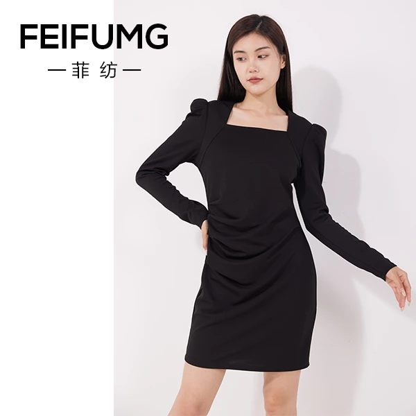 FEIFUMG/菲纺长袖气质高级感黑色方领连衣裙女修身打底小黑裙102
