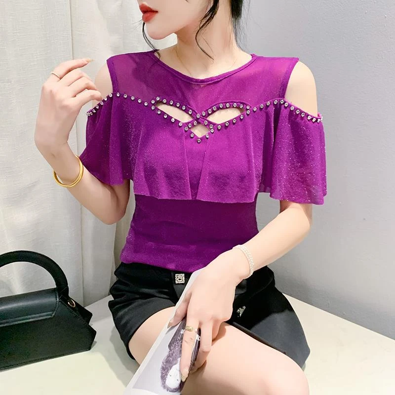 夏季露肩镂空钉钻上衣跳舞服装新款网红摩登显瘦荷叶边百搭小衫