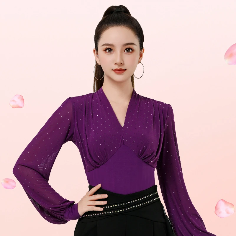 新款舞蹈服装摩登上衣女跳舞衣服专卖V领烫钻灯笼袖气质显瘦舞衣