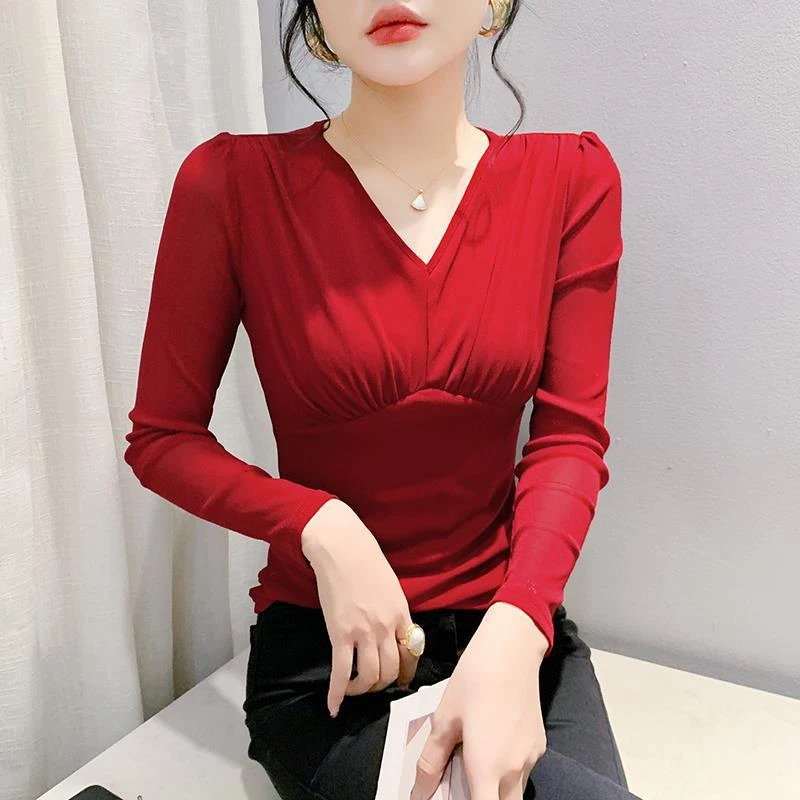 褶皱网纱简约摩登上衣女气质舞服跳拉丁吉特巴广场舞显瘦长袖衫