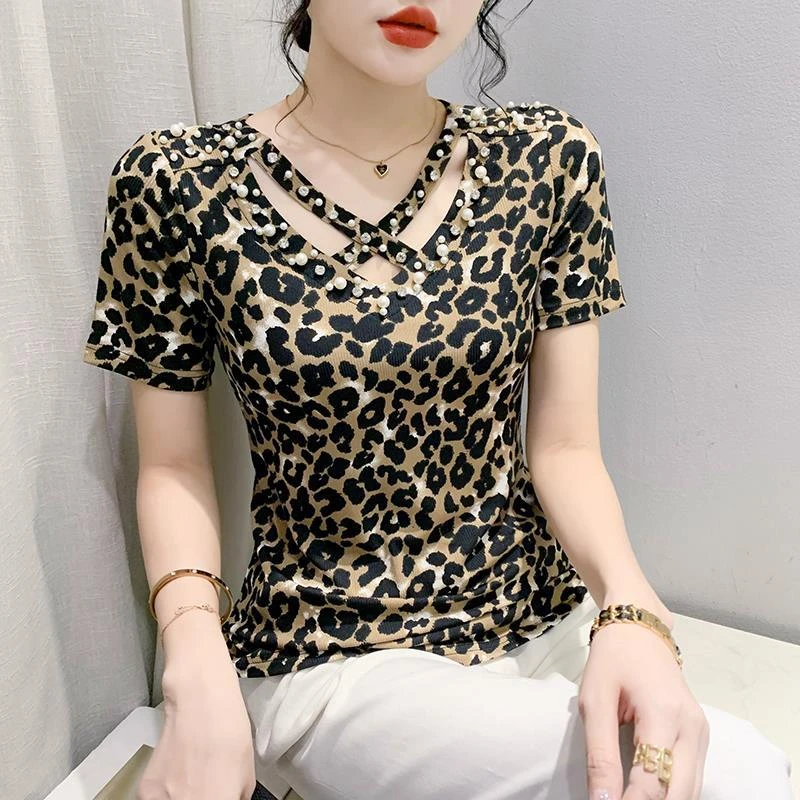 新款网红豹纹上衣女拉丁舞国标摩登吉特巴广场舞钉珠短袖T恤潮