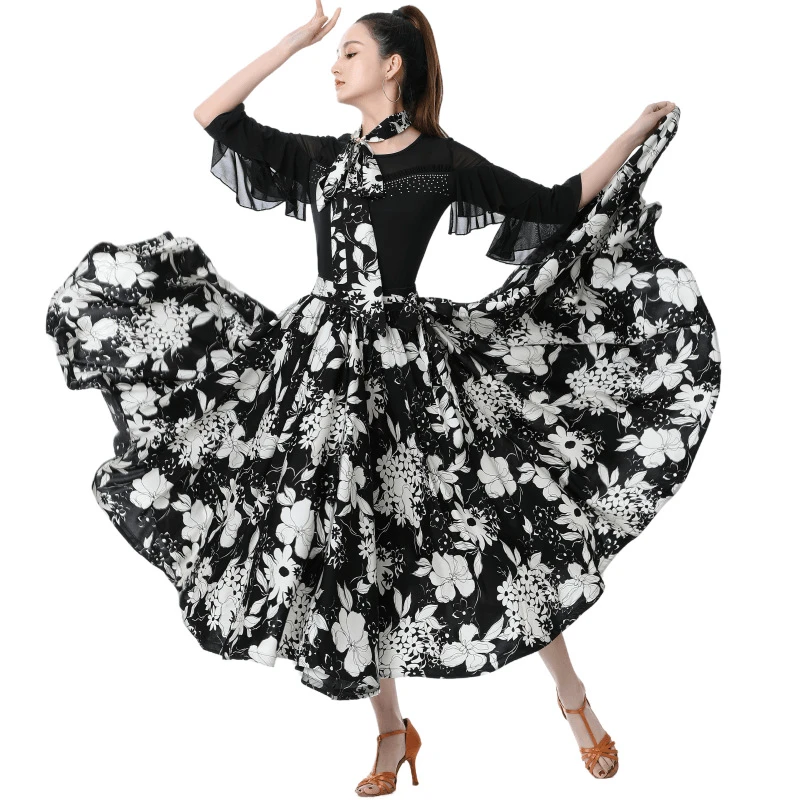 新款印花跳舞半身裙720度大裙摆摩登广场国标交谊舞训练演出长裙