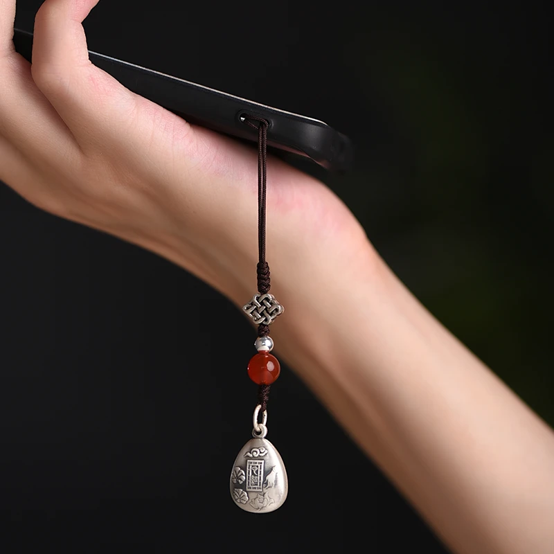 罗泰老银匠 吊坠足银 999银心经钥匙扣吊坠男潮款编织手机挂件女