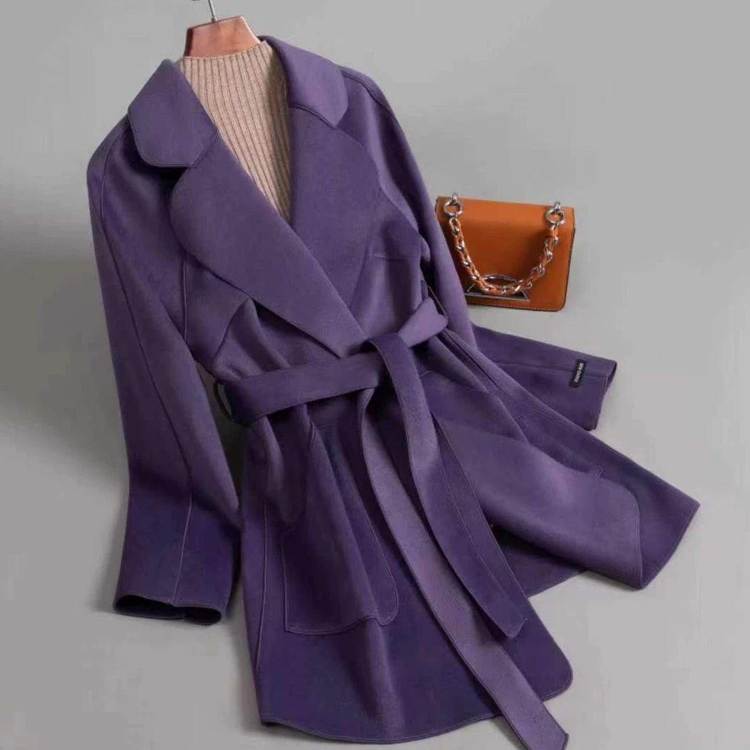 2023年秋冬新款双面呢大衣中长款毛呢大衣紫色H68款