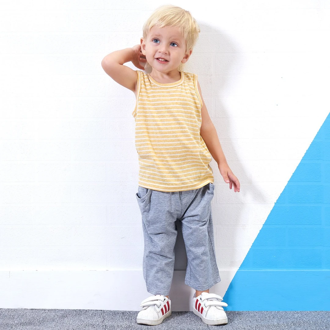 婴姿坊男孩夏日短袖潮流爆款外穿休闲无袖背心条纹运动套装