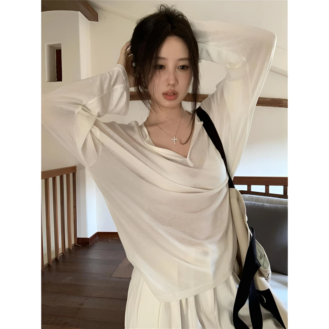 薄款透视v领长袖T恤女装夏季宽松休闲白色打底衫chic防晒罩衫上衣